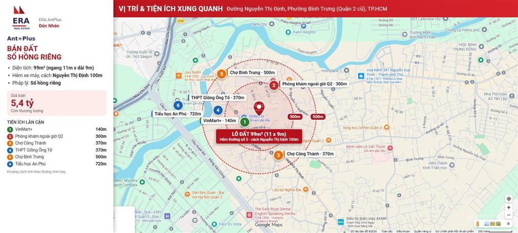 Bán đất sổ hồng riêng 99m² (11x9m), hẻm đường số 5, cách nguyễn thị định 100m, giá 5,4 tỷ