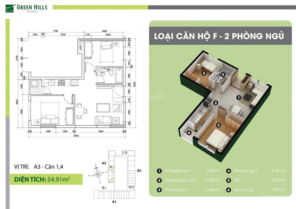 Căn hộ 53m2/ 2pn1wc/ 2.45 tỷ đã có sổ riêng green town bình tân block a, ht vay bank
