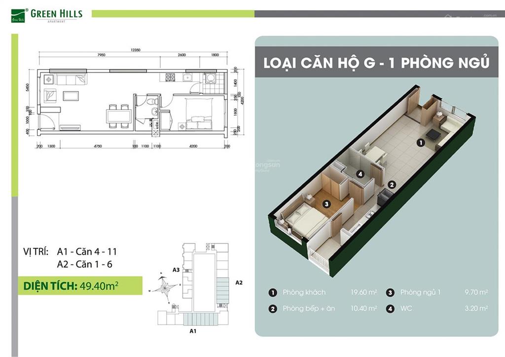 Cho thuê căn hộ 49m2 1pn1wc giá 5.5tr green town bình tân block a nhà trống