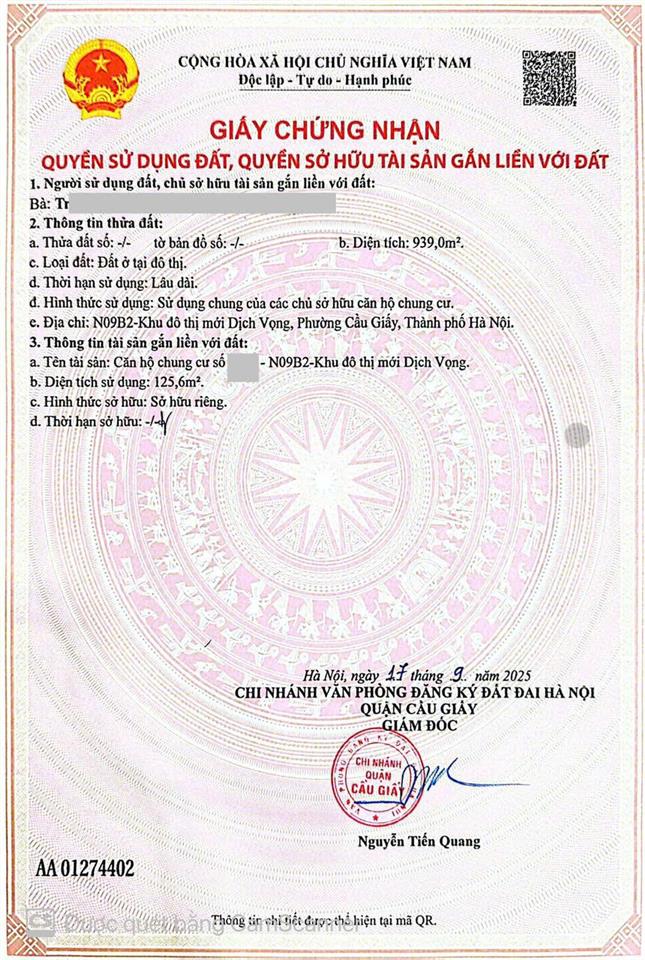 Cần bán căn hộ chung cư 126m tòa nhà n09 b2 view nhìn chính diện cv cầu giấy