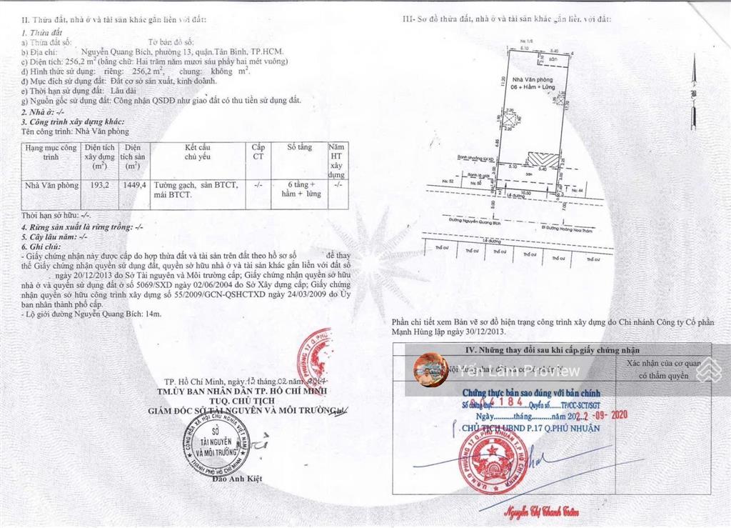 Bán tòa vp nguyễn quang bích, tân sơn hòa, 256m2, hầm 7 tầng, giá 75 tỷ
