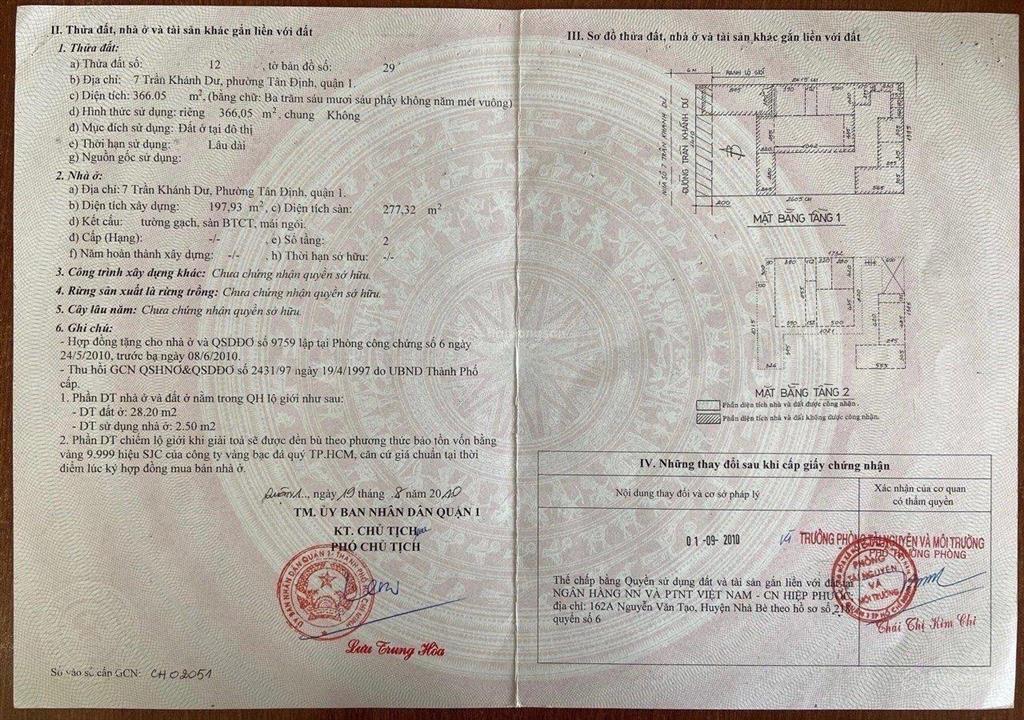 Bán biệt thư 7 trần khánh dư quận 1 dt 16 x 26 cn 368m2 giá 180 tỷ tl 0901 369 ***