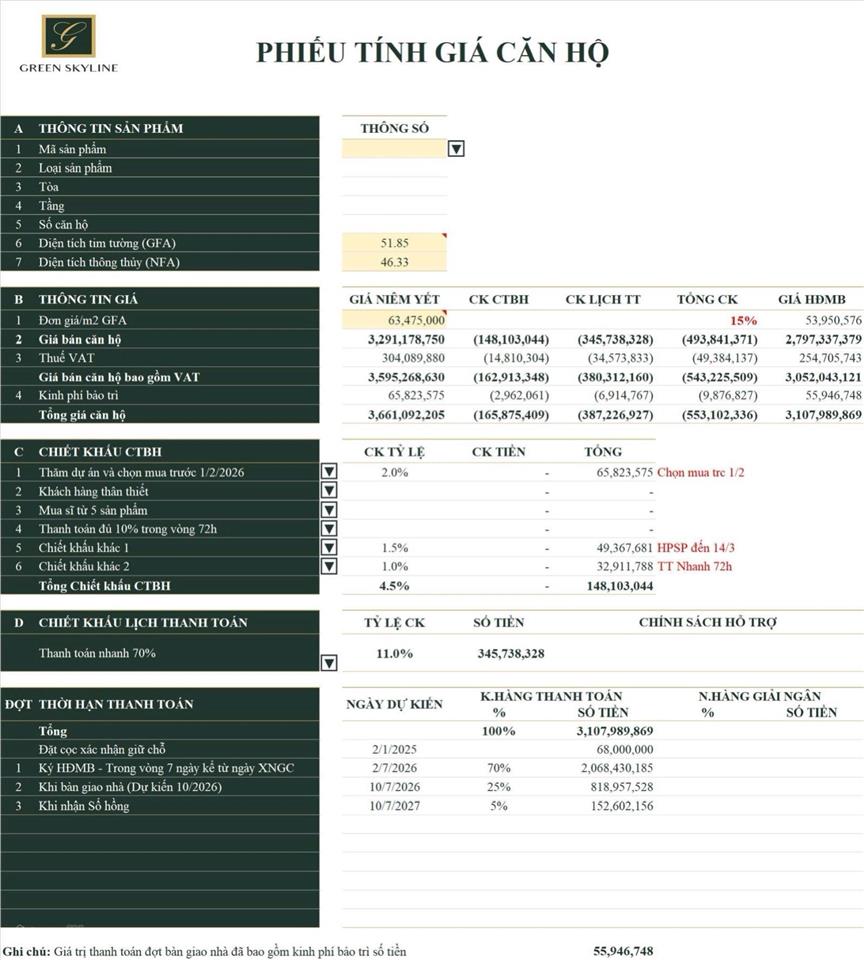 2pn  1wc 52m2, view công viên  hồ bơi tòa t2 chỉ 2.14 tỷ (70%) nhận nhà tháng 10  2026