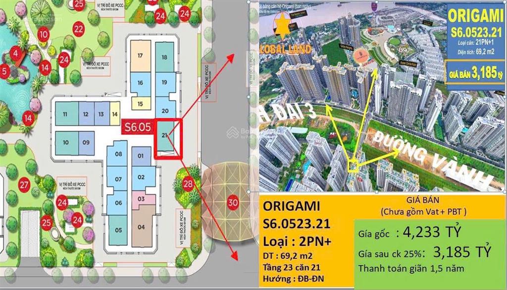 Căn hộ the origami giá gốc cđt  nhận ngay chiết khấu 28%. căn 2pn+, 70m², thanh toán 18 tháng