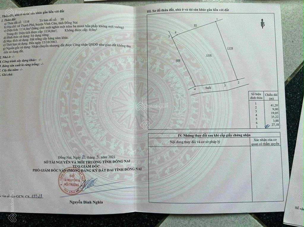 Bán 1060m2 đất ấp 1, tổ 9 xã thạnh phú, huyện vĩnh cửu.  em như 0908 978 ***