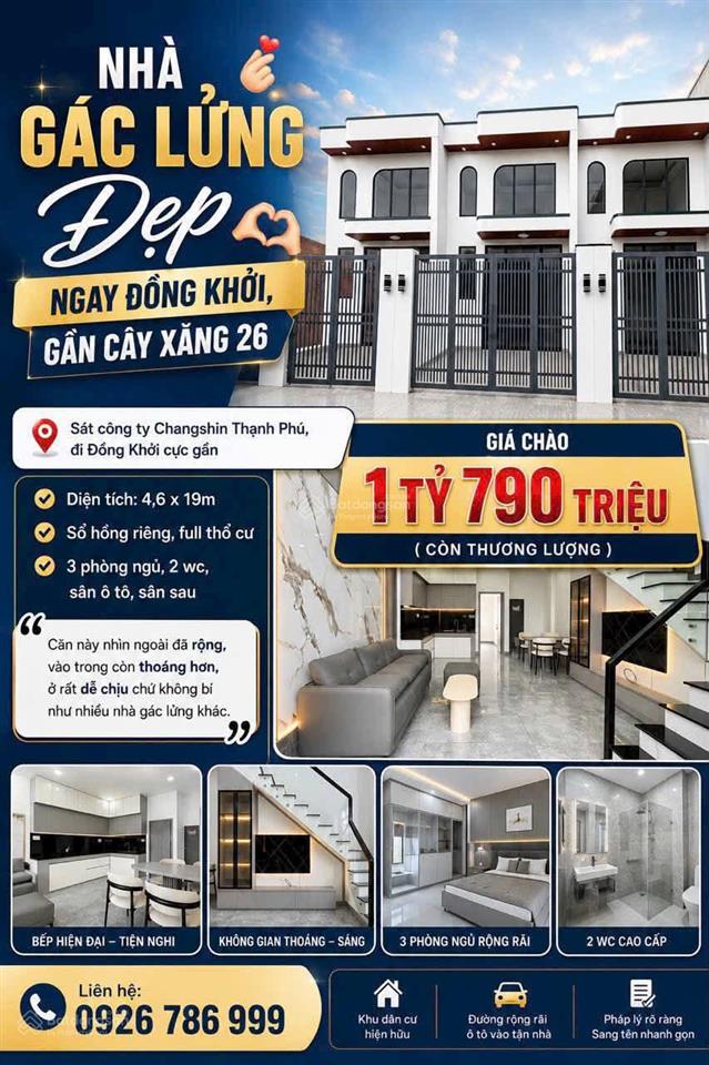 Kẹt tiền cần bán căn nhà lầu sổ riêng thổ cư mới giá chỉ 1 tỷ790,ngay chợ changshinh,giáp đồng khởi