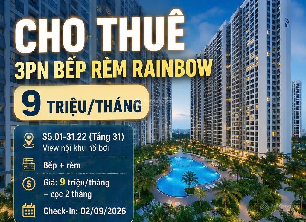 Cho thuê 3pn rainbow bếp rèm giá chỉ 9 triệu/tháng view nội khu hồ bơi