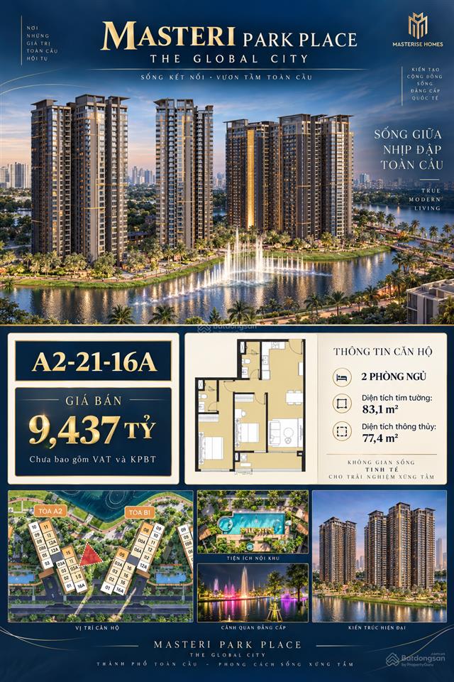 Masteri park place 2pn diện tích lớn, tầng cao, view nhạc nước siêu đẹp