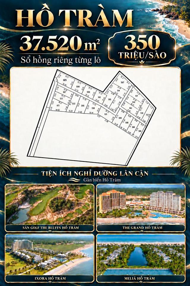 Hồ tràm, 37.520 m2, 350 triệu/sào, sổ hồng riêng từng lô