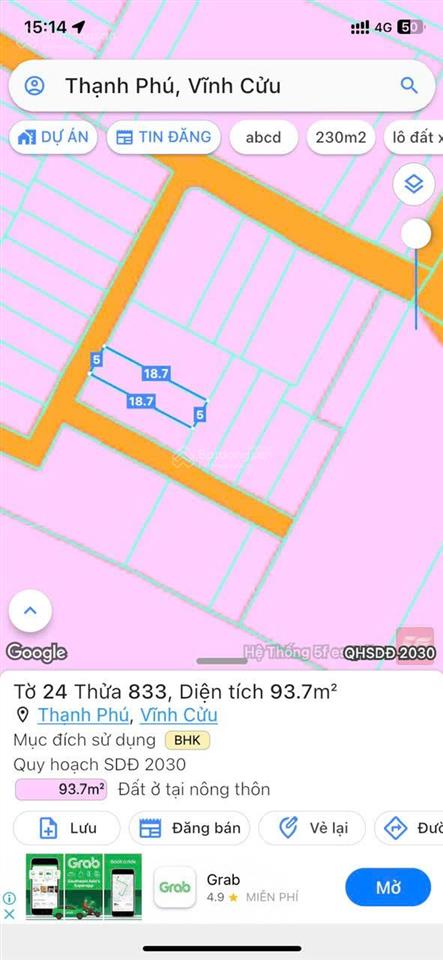 Đất hẻm lương thực,p.tân triều (xã thạnh phú cũ),5mx 18m(94m2),thổ cư 100%, shr, giá 1 tỷ 490 triệu