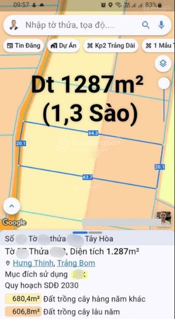 Bán mảnh đất 1,3 sào = 1287m2 giá hạ sốc 870 triệu. tây hòa, trảng bom. đồng nai