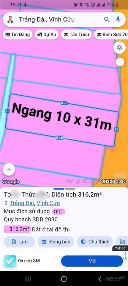 Bán đất biệt thự có nhà vườn, dt 10x31m = 316m2 giá chỉ 7 tỷ 999tr. 25,3tr/1m2 trảng dài, biên hòa