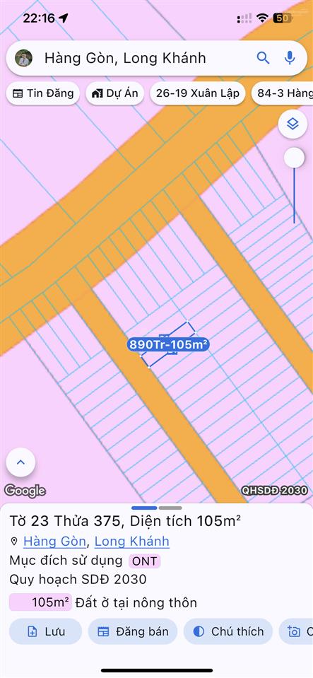 Bán gấp đất nền chính chủ diện tích 105m2 tại phường hàng gòn, 890 triệu vnd