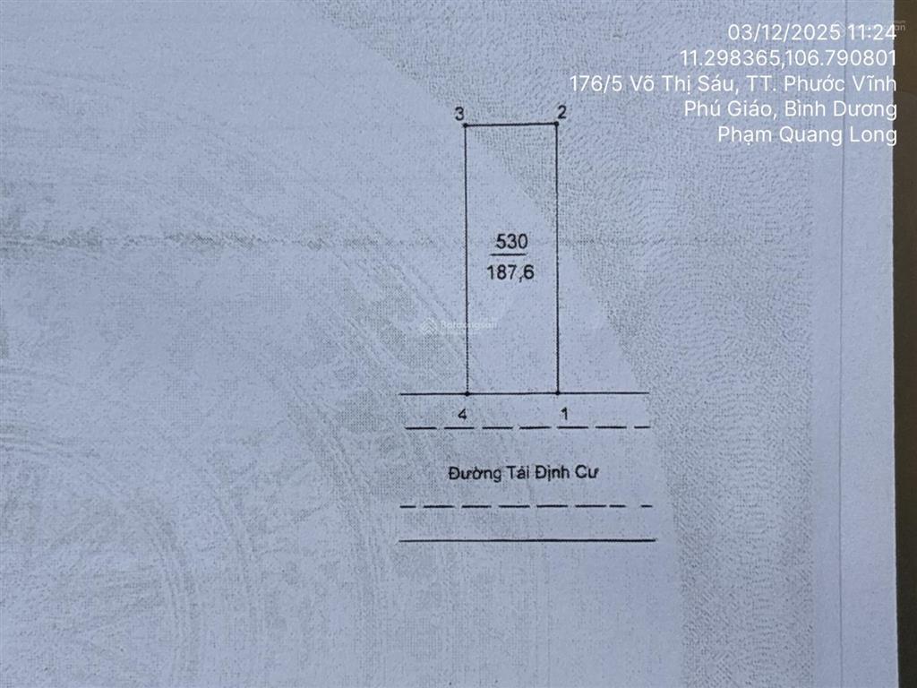 Bán gấp đất đẹp tại td530 khu phố 7, thị trấn phước vĩnh, phú giáo, bình dương, 187,6 m2  03687317
