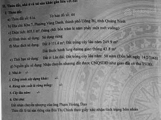 Thửa đất 61a, tờ bản đồ 44, khu 7, vàng danh, uông bí, quảng ninh