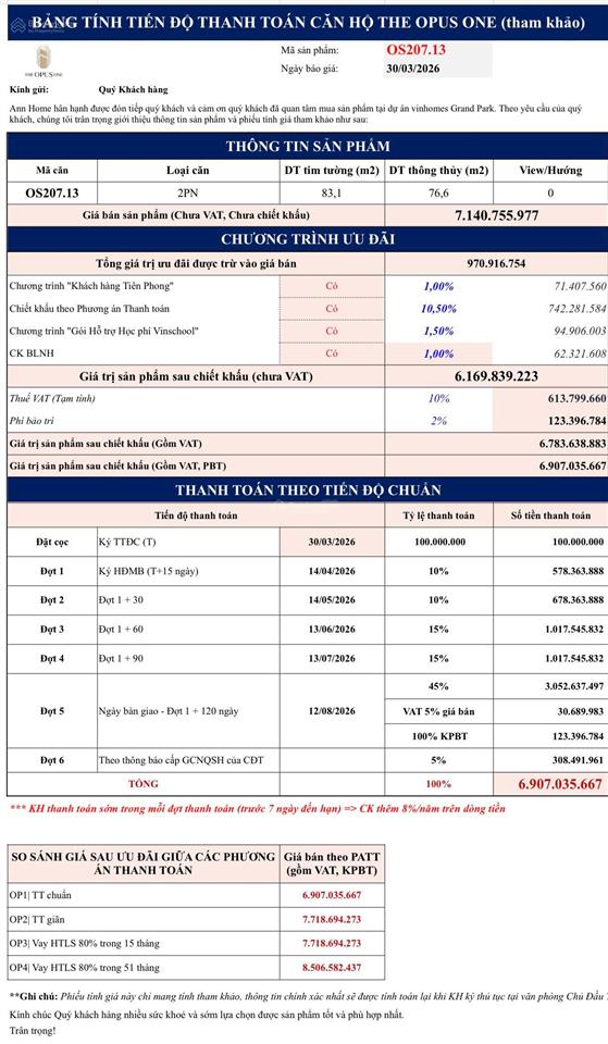 Siêu phẩm os207.13 opus one  vinhomes grand park. view quảng trường  83,1 m2  6,62 tỷ, ck 13%