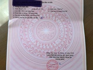 Tđc phước khánh nhơn trạch, dt154m2, đường 12m, không lỗi, đối diện công viên, giá hơn 20tr/m