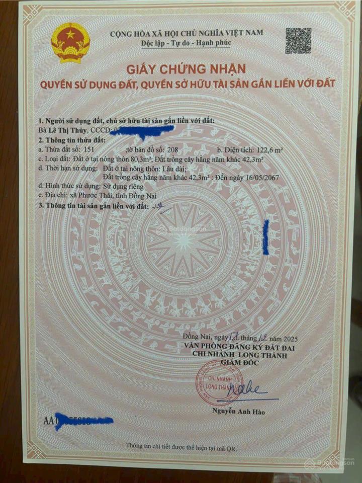 Đất thổ cư 2 mặt tiền phước thái, long thành, đồng nai