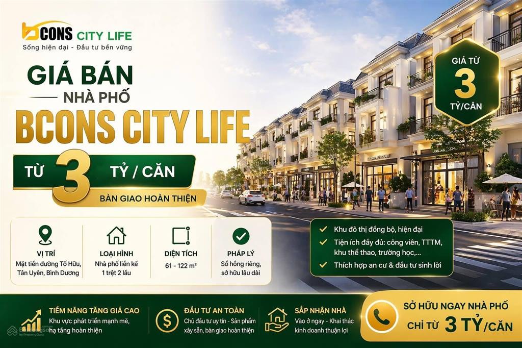 Bán nhà phố bcons city life đường tố hữu, tân uyên, tp. hcm 3 tầng dt 70m2 giá 3,48 tỷ/căn