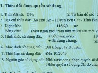 Bán đất xã phú an, bến cát, cách sông sg 150m, 20 x 59,3 = 1.186m2, giá 13.6 tỷ