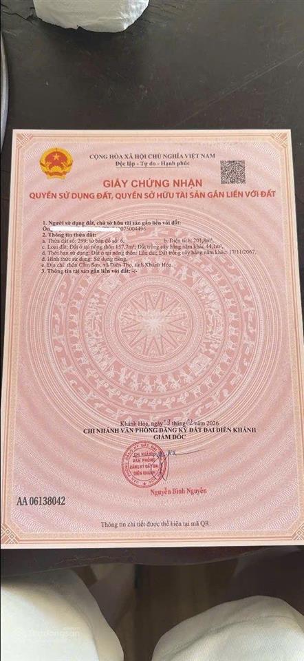 Bán lô đất thổ cư mặt tiền tỉnh lộ 2, diên thọ, diên khánh, gần ủy ban xã