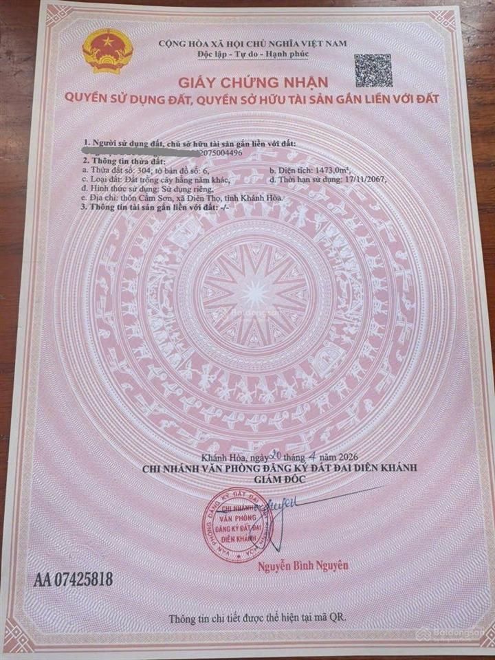 Bán lô đất thổ cư mặt tiền tỉnh lộ 2, diên thọ tỉnh khánh hoà