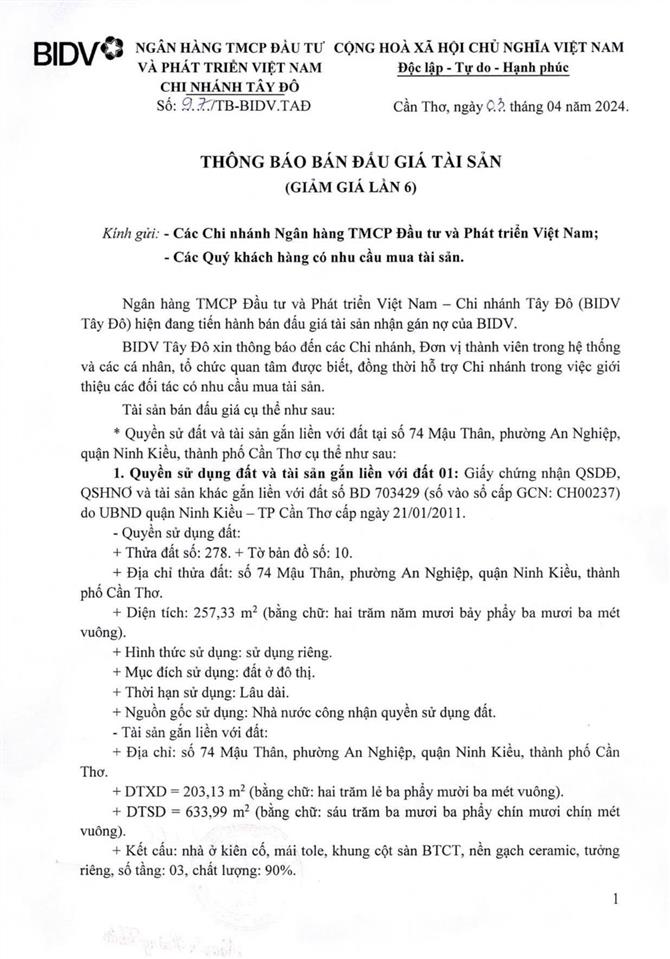 Ngân hàng thông báo bán đấu giá tài sản tại trung tâm ninh kiều, cần thơ