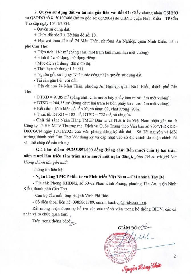 Ngân hàng thông báo bán đấu giá tài sản tại trung tâm ninh kiều, cần thơ
