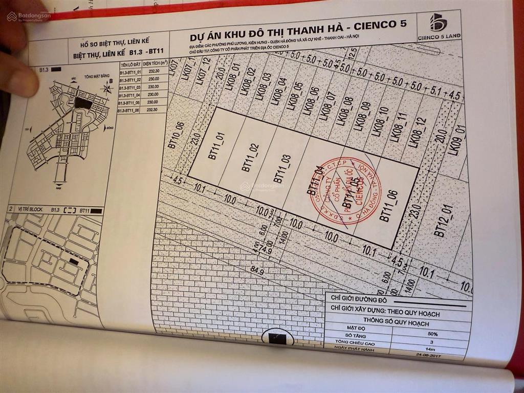 Bán đất biệt thư nhìn trường mầm non khu b1.3 thanh hà cienco5