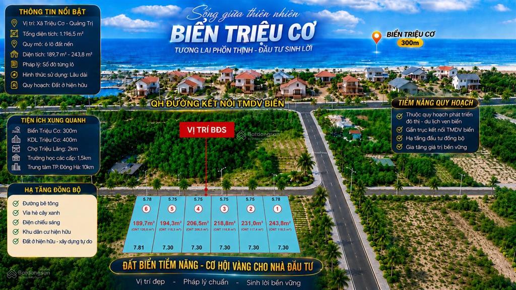 330tr lô đất cách biển 100m diện tích hơn 200m2, mặt tiền 5.75m nở hậu 7.30m