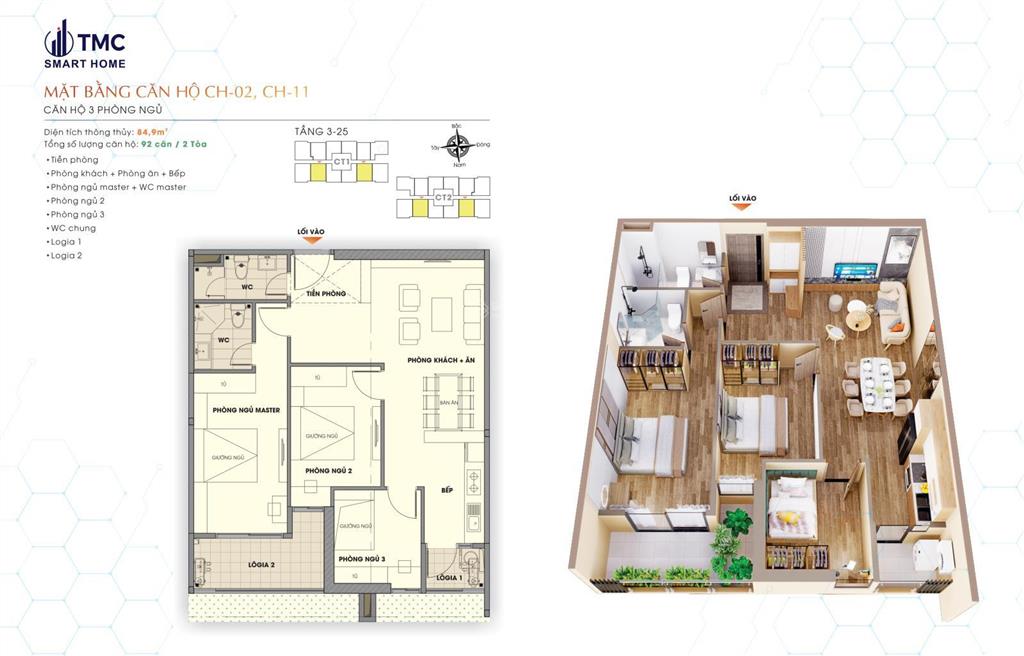 Chính chủ bán căn 85m2 3 phòng ngủ 2wc dự án tmc mặt đường phạm văn đồng bàn giao full nội thất