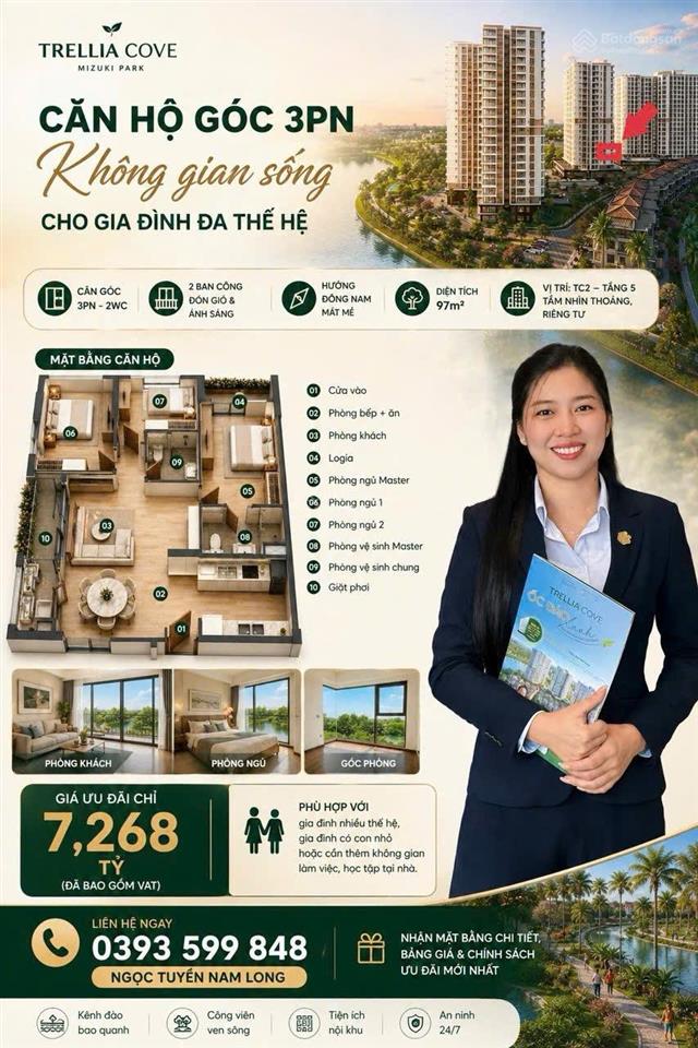 Căn góc 3pn trellia cove  view sông giá 7,2 tỷ hướng đông nam mát mẻ