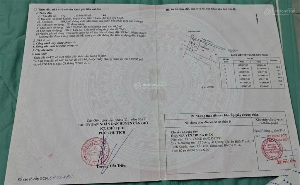 Đất mặt tiền đường trần quang nhơn (đường ec) xã bình khánh cần giờ, diện tích 164.1m2, giá 2.5 tỷ