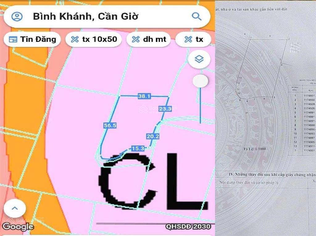Bán đất đường trần quang quờn, xã bình khánh, quy hoạch đất ở, diện tích 2392 m2, giá 2 triệu/m2