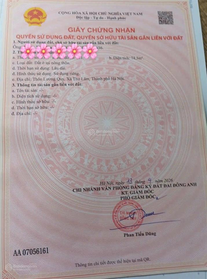 Mở bán mảnh đất đẹp ở thôn lương quy, xã thư lâm, thành phố hà nội. diện tích 73,4 m2