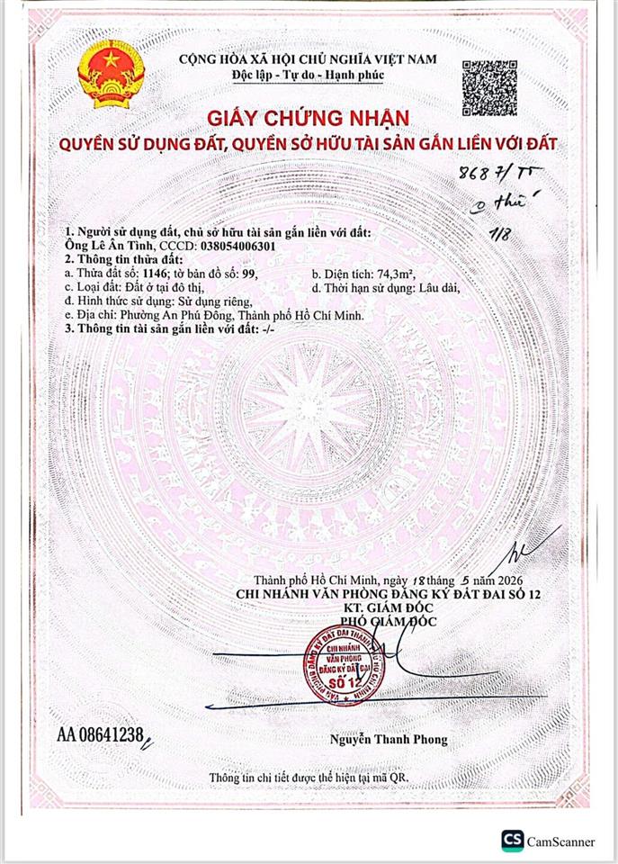 Bán lô đất siêu đẹp hẻm 154 vườn lài, an phú đông 74,5m2 đường nhựa có vỉa hè 10m cách cầu apd 1 km