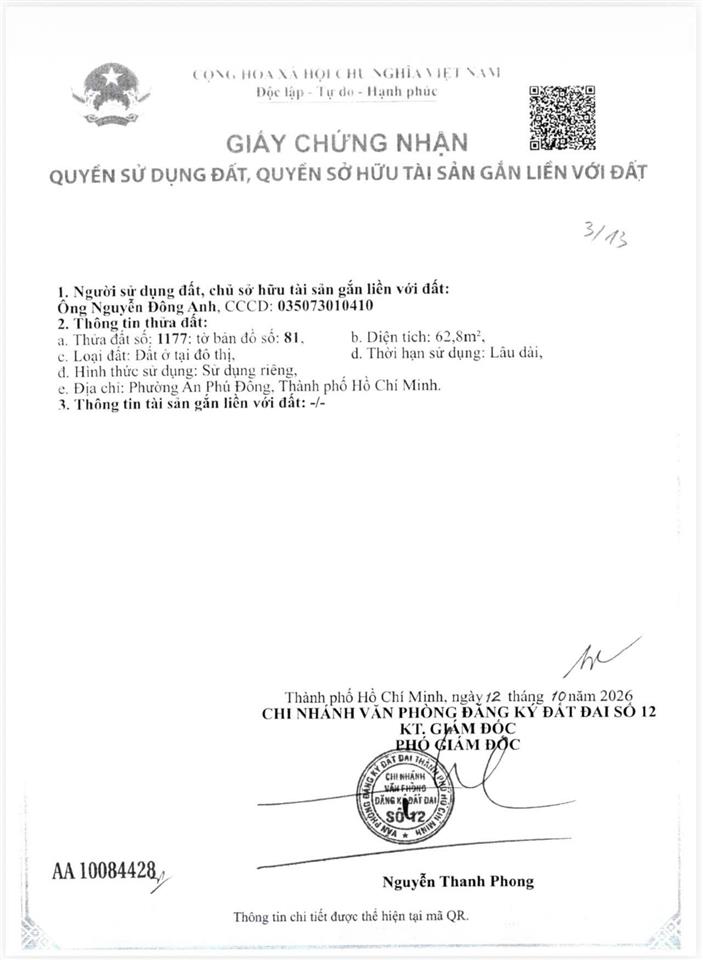Bán đất đường an phú đông 3 thông ra sông sài gòn, đường 16m có vỉa hè dt 62,8m2 giá 5 tỷ
