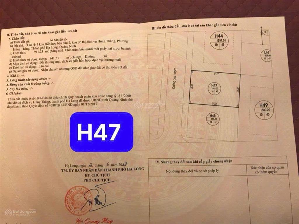 Bán lô đất khách sạn h47 bán đảo 2 bim 941m2, mặt tiền 25m, gần biển, sổ chính chủ 0985 280 ***