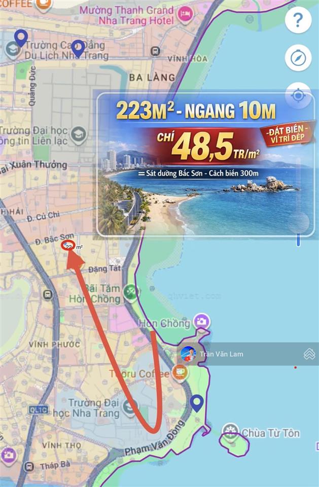 Chỉ 48,5 triệu/m2  bán đất gần biển, hẻm ô tô sát bắc sơn, vĩnh hải, nha trang