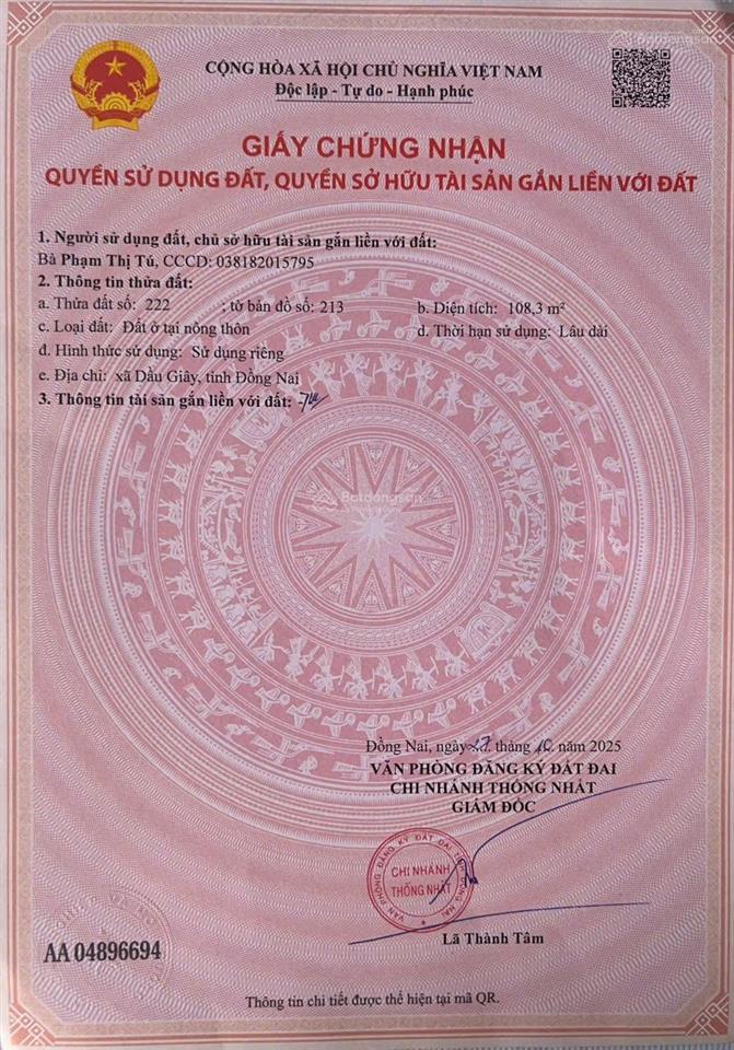 Chính chủ  bán nhanh lô đất đối diện kcn xuân quế  sông nhạn, sổ hồng thổ cư 100%. giá rẻ