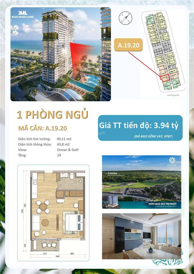 Bán maia hồ tràm căn a.19.20 1pn 48m2, view biển không bị che chắn