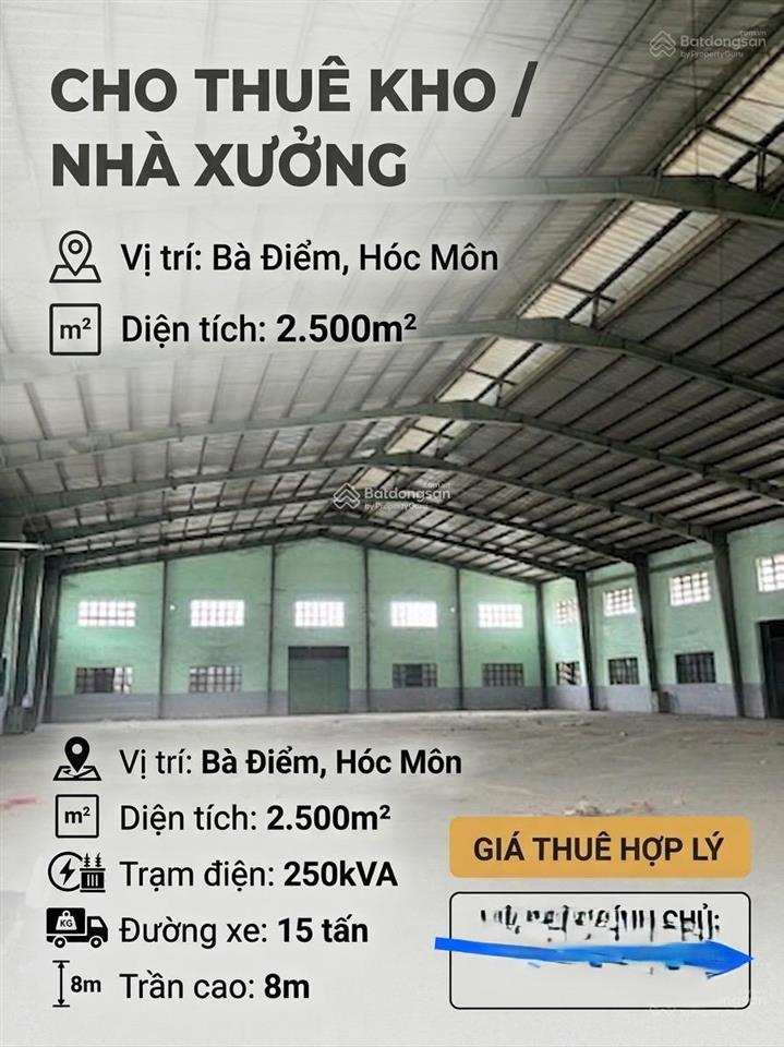Cho thuê 2500m2 kho xưởng 130 triệu/tháng