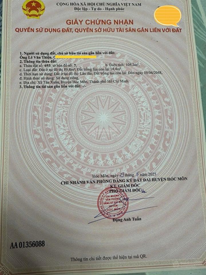 Bán đất mặt tiền ấp mới 1, tân xuân tô ký vào 200m giá 5tỷ5 bớt lộc