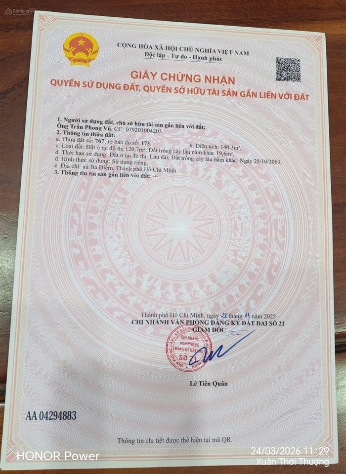 Giảm mạnh còn 5 tỷ 9 lô đất thổ cư mặt tiền nhựa ấp 4 xuân thới thượng cũ