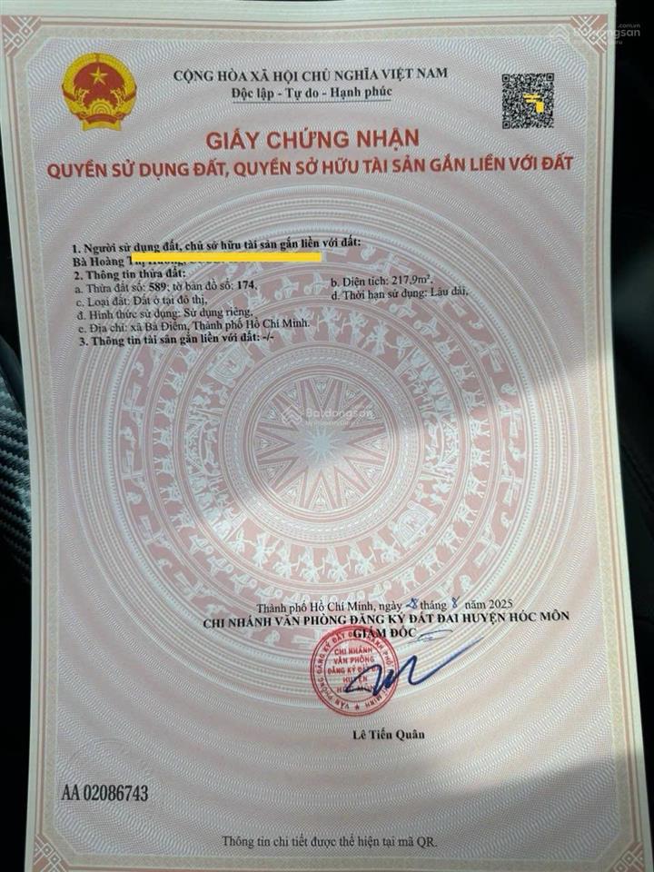 Giảm mạnh còn 7,8 tỷ lô đất 217,9m² full thổ cư mặt tiền nhựa xã xuân thới thượng cũ