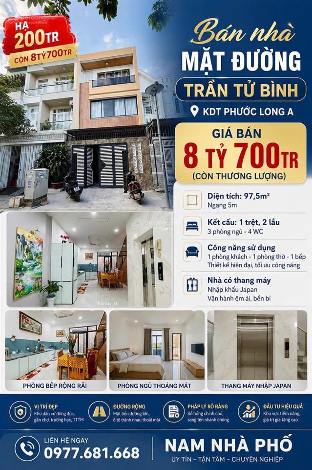 Bán nhà mặt đường trần tử bình kdt phước long a, nhà mới chỉ 8,7 tỷ