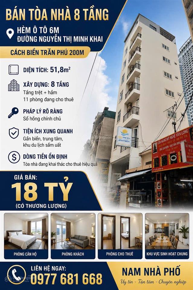 Bán toà nhà 8 tầng hẻm ô tô 6m đường nguyễn thị minh khai, cách biển trần phú 200m