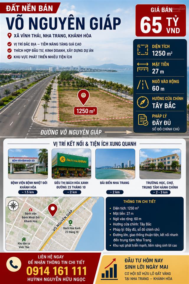 Bán đất tại đường võ nguyên giáp, 50 tỷ, 1250m2, thành phố nha trang, khánh hòa, tốt hot!