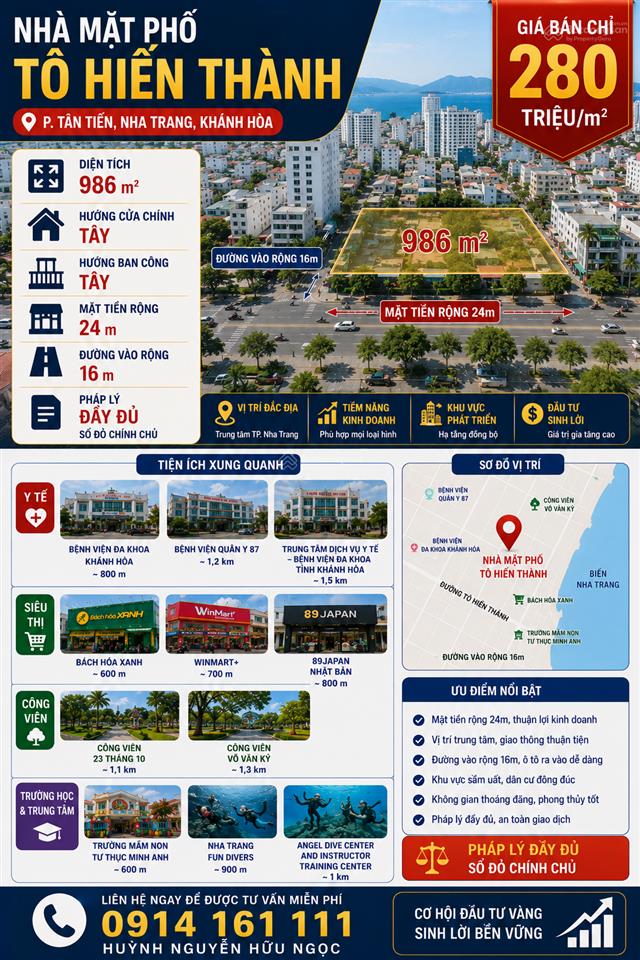 Nhà mặt phố tô hiến thành, tân tiến, nha trang, 280 triệu / m2, 986 m2, đẹp, nhiều tiện ích