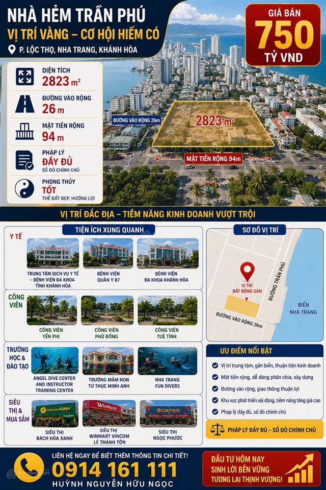 Bán đất hẻm trần phú, phường lộc thọ, nha trang, 750 tỷ, 2823 m²